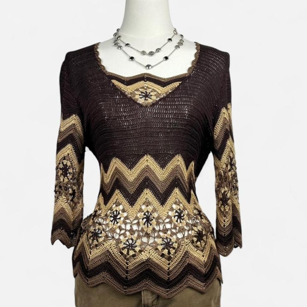 Y2K Earthy Tone Crochet Top Womens S/M Chevron Open Knit Fairy Boho Festival